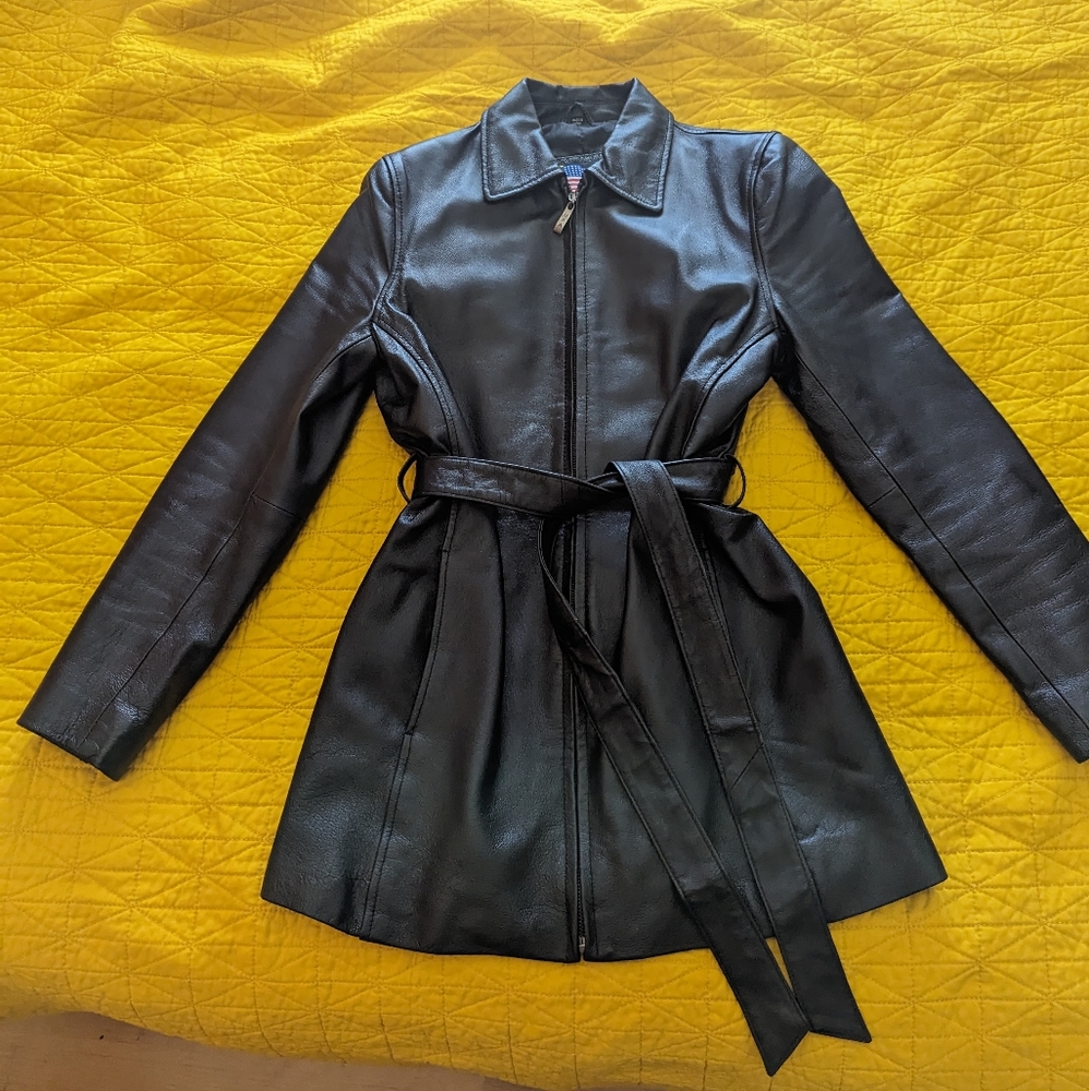 Genuine Leather Trench Coat with Belt